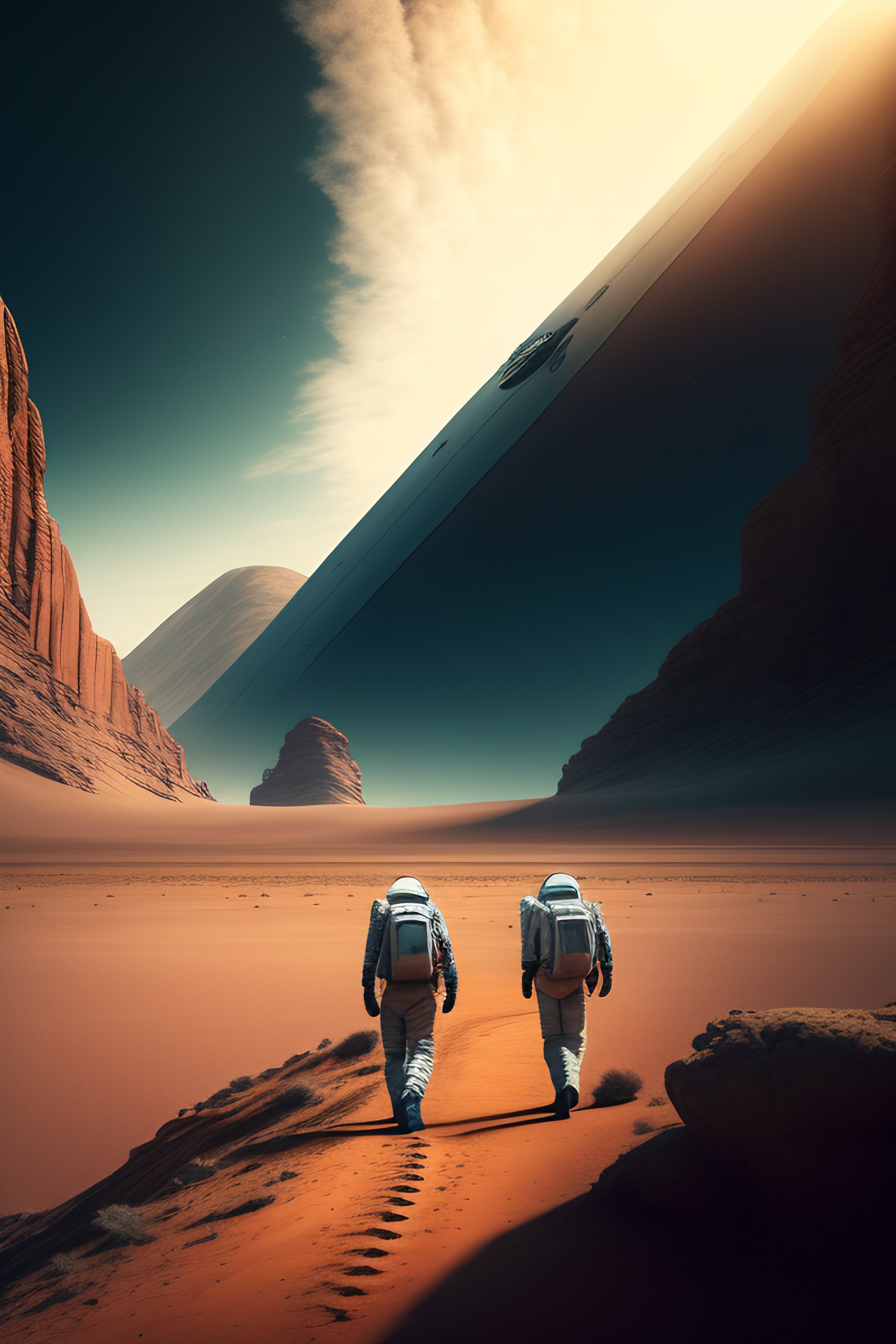 Image of two astronauts walking away on their path